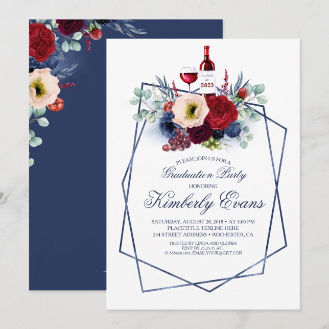 Burgundy and Navy Blue Wine Tasting Graduation Invitation (Front/Back)