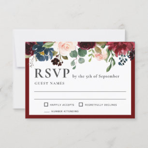 Burgundy and Navy Elegant Floral Wedding RSVP Card