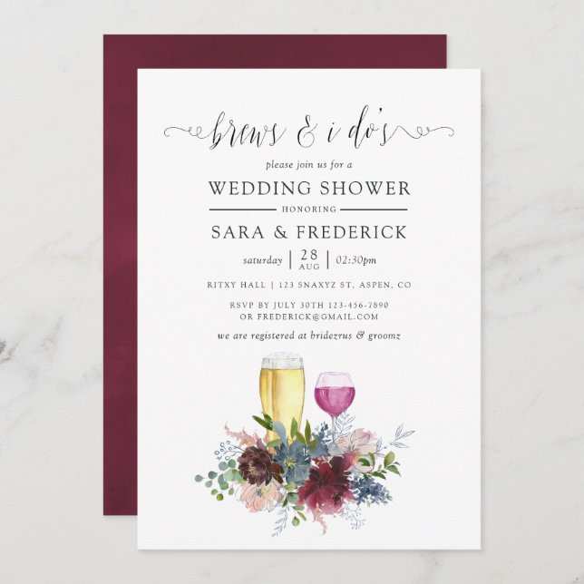 Burgundy and Navy Floral Brews Before The I Do's Invitation (Front/Back)