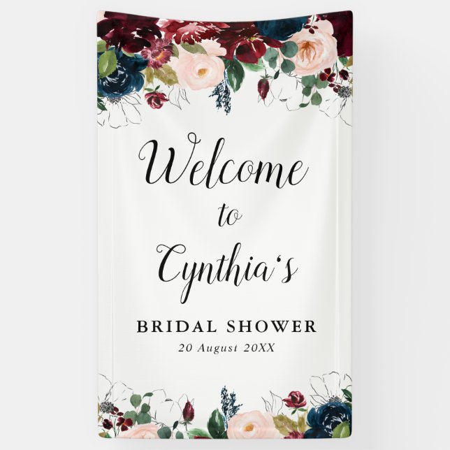 burgundy and navy floral bridal shower welcome banner (Vertical)