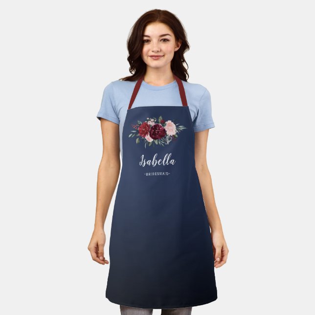 Burgundy and navy floral personalized bridesmaid apron (Worn)