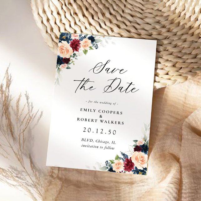 Burgundy and Navy Floral Save The Date Card (Creator Uploaded)