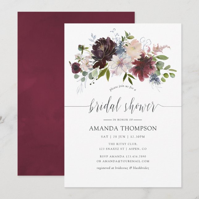 Burgundy and Navy Floral watercolor Bridal Shower Invitation (Front/Back)