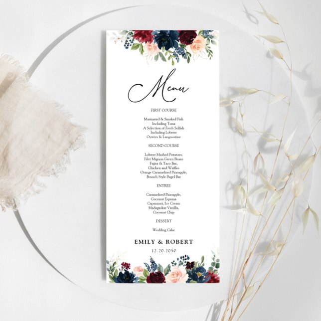 Burgundy and Navy Floral Wedding Ceremony Menu (Creator Uploaded)