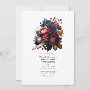 Burgundy and Navy Floral Wedding Invitation