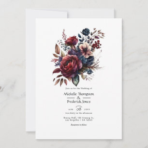 Burgundy and Navy Floral Wedding QR Code Invitatio Invitation