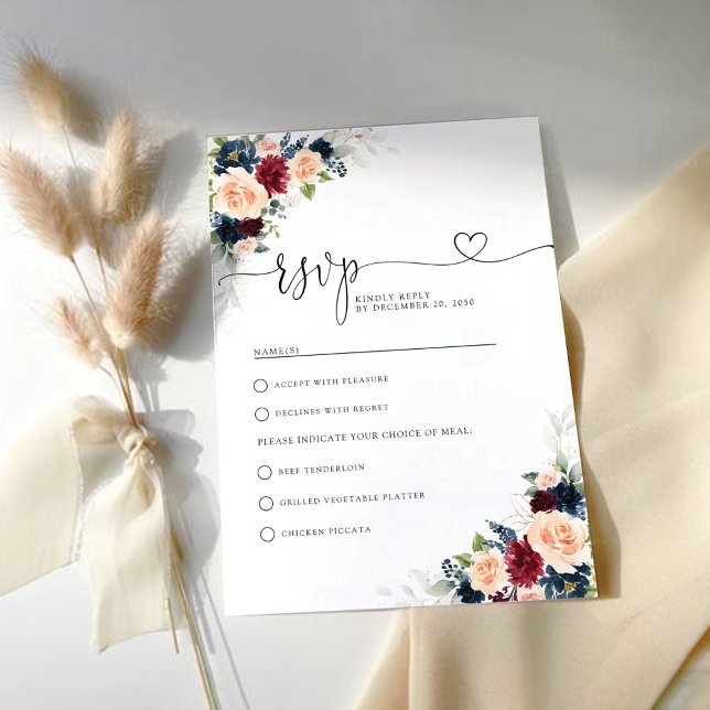 Burgundy and Navy Floral Wedding RSVP Card (Creator Uploaded)