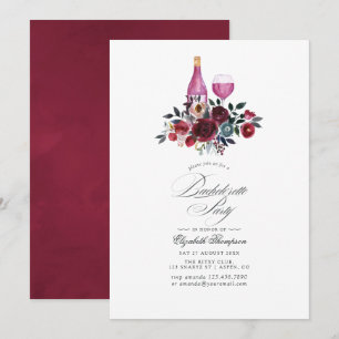 Burgundy and Navy Floral Wine Bachelorette Party Invitation