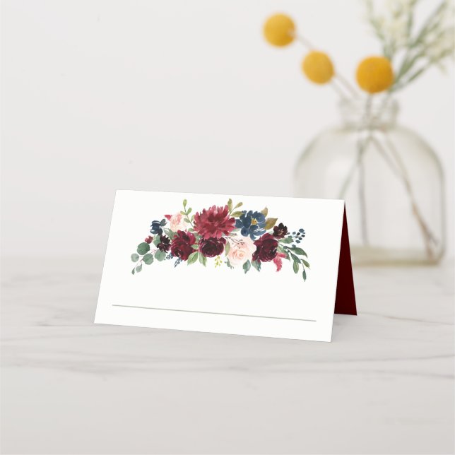 Burgundy and Navy Watercolor Floral Place Card (Front)