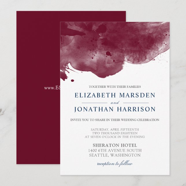 Burgundy and Navy Watercolor Modern Wedding Invitation (Front/Back)