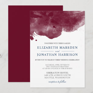 Burgundy and Navy Watercolor Modern Wedding Invitation