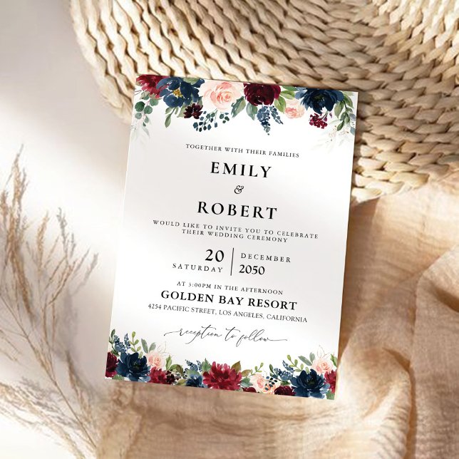 Burgundy and Navy Wedding Ceremony Invitation (Creator Uploaded)