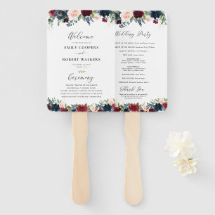 Burgundy and Navy Wedding Program Hand Fan