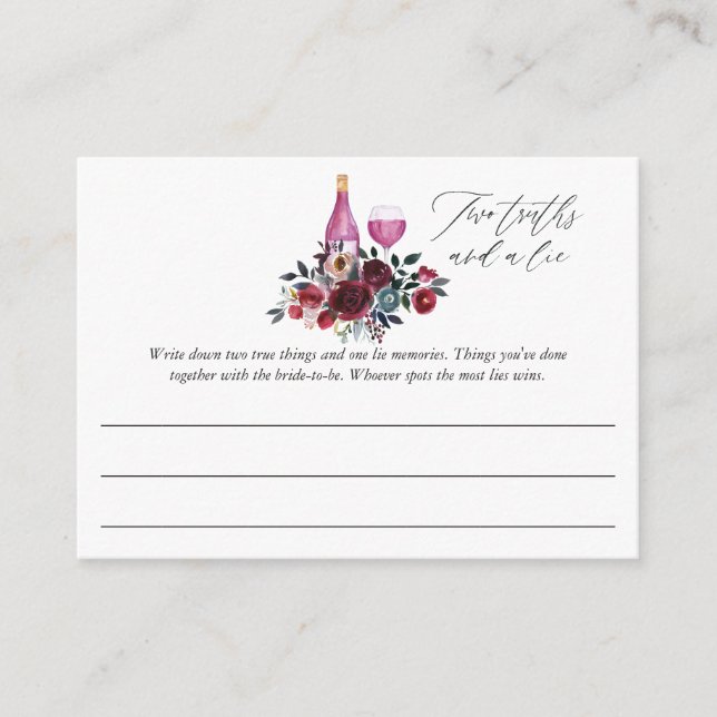 Burgundy and Navy Wine Tasting Bridal Shower Game Enclosure Card (Front)