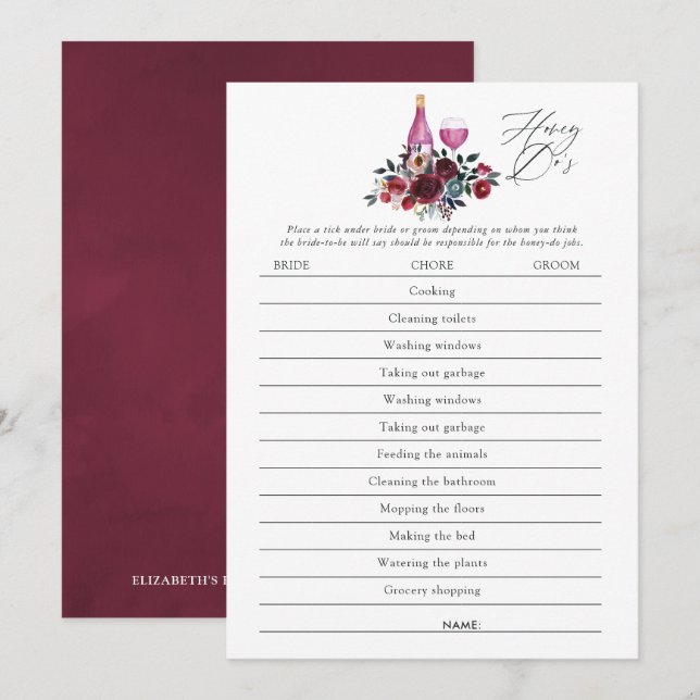 Burgundy and Navy Wine Tasting Bridal Shower Game Invitation (Front/Back)