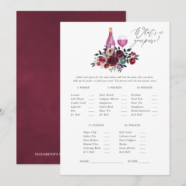 Burgundy and Navy Wine Tasting Bridal Shower Game Invitation (Front/Back)