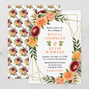 Burgundy and Orange Flowers Wedding Invitation