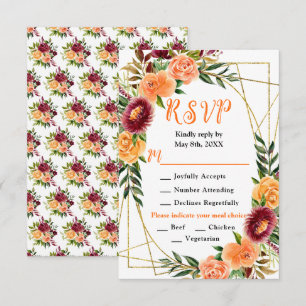 Burgundy and Orange Flowers Wedding RSVP Card