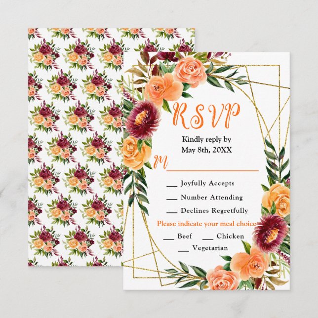 Burgundy and Orange Flowers Wedding RSVP Card (Front/Back)
