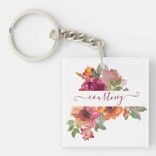 Burgundy and orange watercolor floral personalized keychain