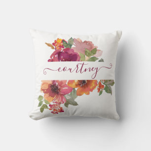 Burgundy and orange watercolor floral personalized throw pillow