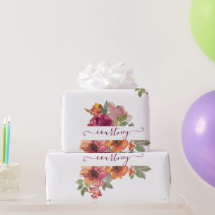 Burgundy and orange watercolor floral personalized wrapping paper