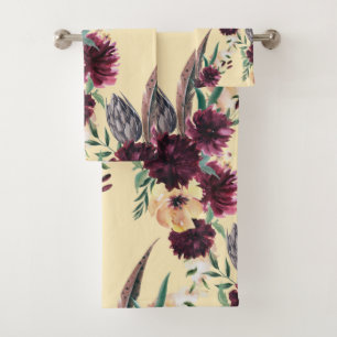 Burgundy and Peach Contemporary Floral Bath Towels