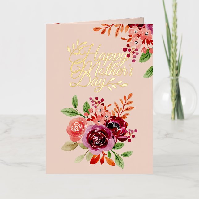 Burgundy and Peach Floral Bouquet Mother's Day Foil Greeting Card (Front)
