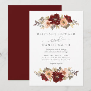Burgundy and Peach Floral Wedding Invitation