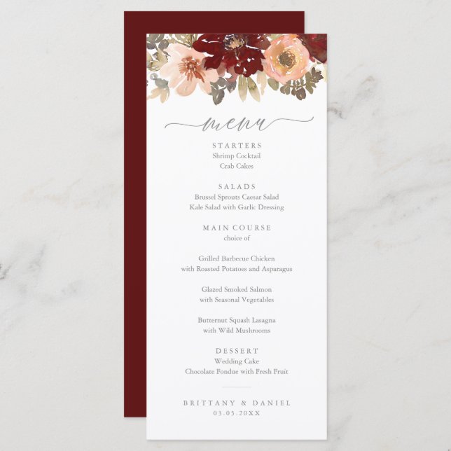 Burgundy and Peach Floral Wedding Menu (Front/Back)