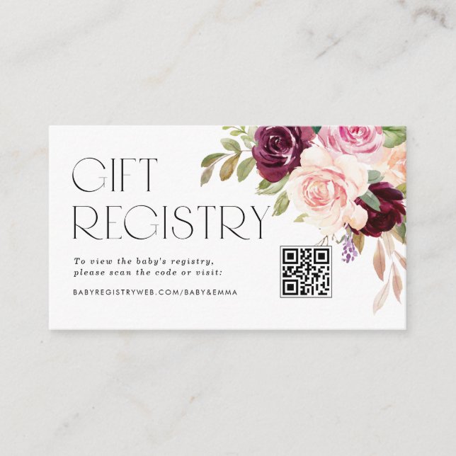 Burgundy and Peach Flowers QR Code Registry Enclosure Card (Front)