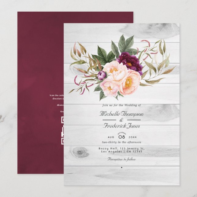 Burgundy and Peach Rustic Floral QR Code Wedding Invitation (Front/Back)
