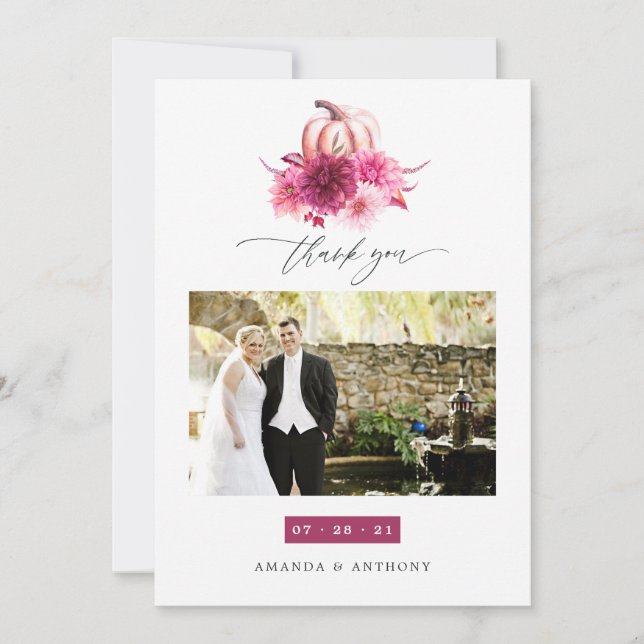 Burgundy and Pink Autumn Fall Wedding Photo Thank You Card (Front)