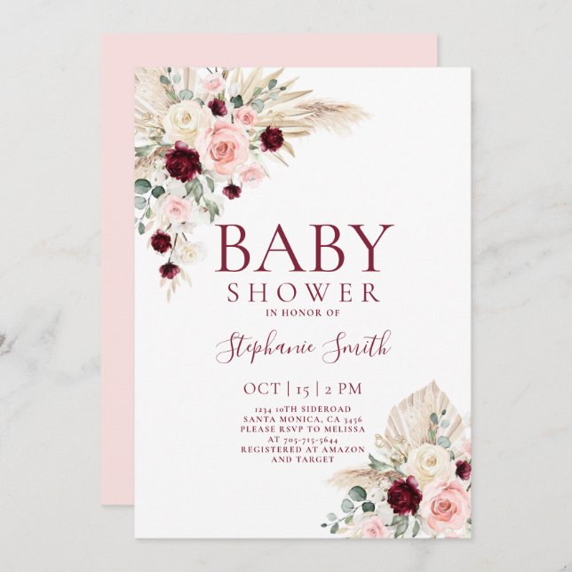 Burgundy and Pink Baby Shower Girl Invitation (Front/Back)