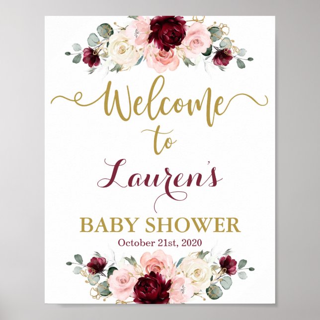 Burgundy and Pink Baby Shower welcome sign (Front)