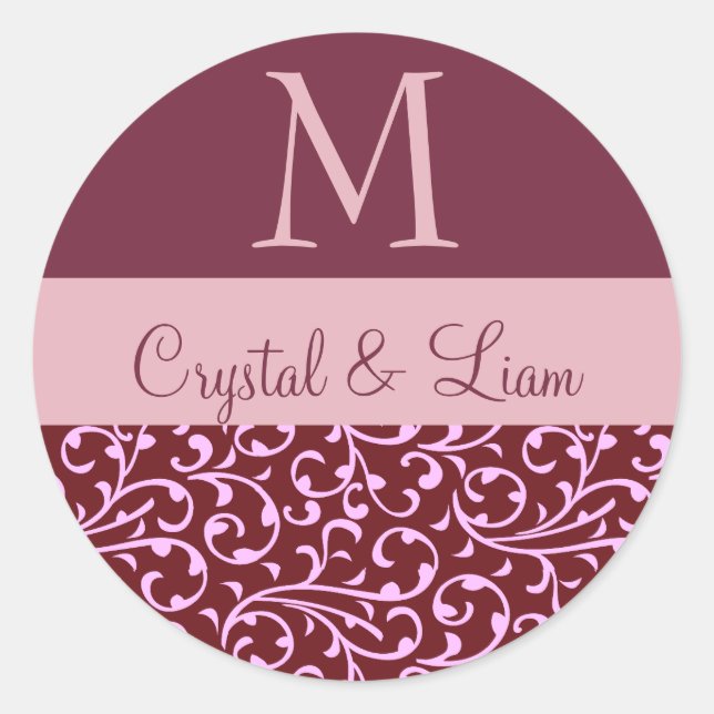 BURGUNDY and PINK Damask Wedding Monogram Classic Round Sticker (Front)