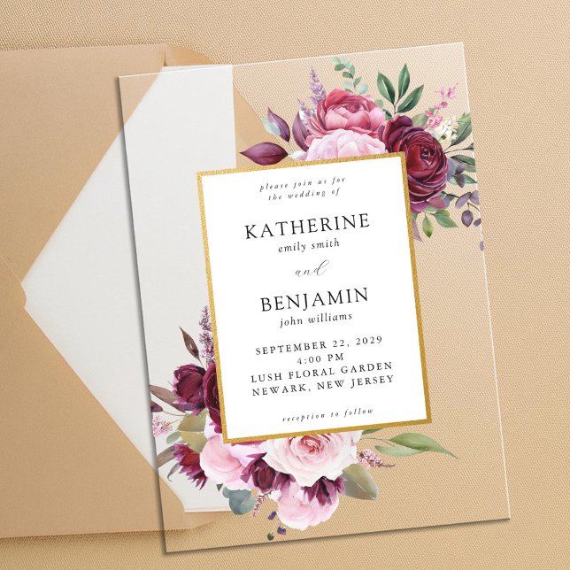 Burgundy and Pink Elegant Floral Wedding Acrylic Invitations (Creator Uploaded)