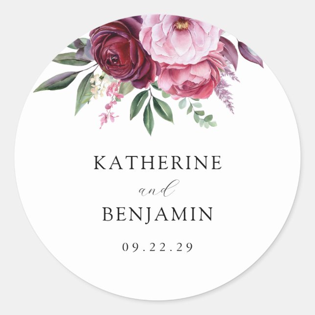 Burgundy and Pink Elegant Floral Wedding Classic Round Sticker (Front)