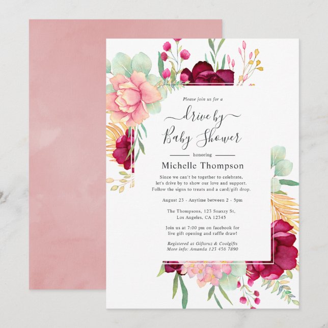 Burgundy and Pink Floral Drive By Shower Invitation (Front/Back)