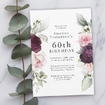Burgundy and Pink Floral Elegant 60th Birthday Invitation<br><div class="desc">Celebrate a special milestone birthday with this beautiful party invitation with featureing floral borders in burgundy and pink roses on each side of the elegantly placed text. Colours include pale blush pink, deep burgundy red and plum mixed with ethereal greenery and tiny white accent flowers. Personalize the text template with...</div>
