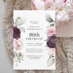 Burgundy and Pink Floral Elegant 80th Birthday Invitation<br><div class="desc">Celebrate a special milestone birthday with this beautiful party invitation with featureing floral borders in burgundy and pink roses on each side of the elegantly placed text. Colours include pale blush pink, deep burgundy red and plum mixed with ethereal greenery and tiny white accent flowers. Personalize the text template with...</div>