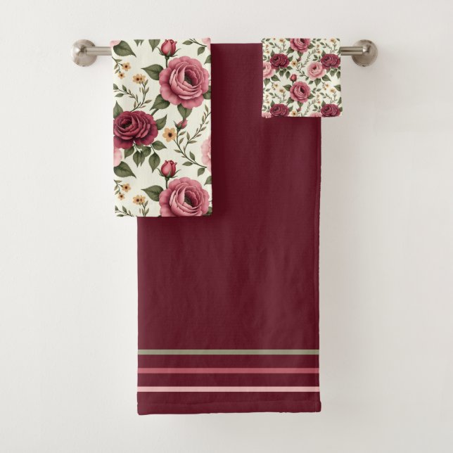 Burgundy and Pink Floral Rose Bath Towel Set (Insitu)