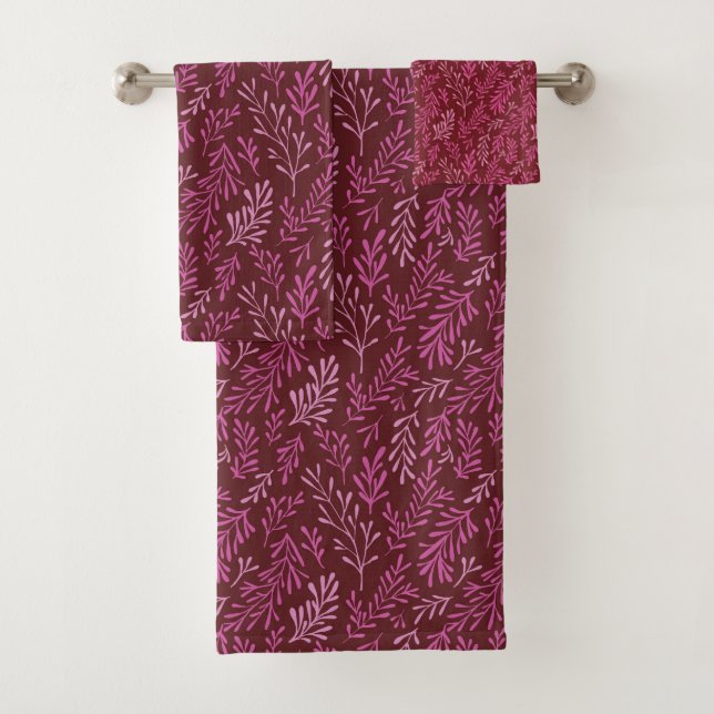 Burgundy and Pink Floral Tropical Leaf Pattern Bath Towel Set (Insitu)