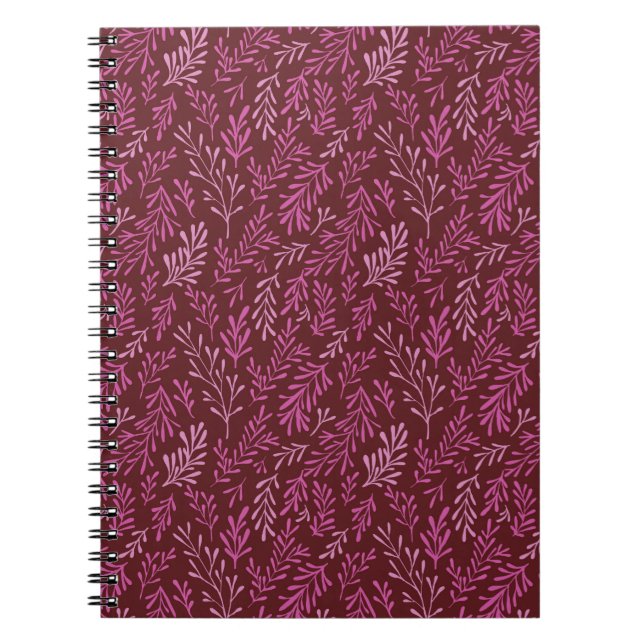 Burgundy and Pink Floral Tropical Leaf Pattern Notebook (Front)