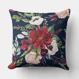 Burgundy and pink flowers pattern throw pillow