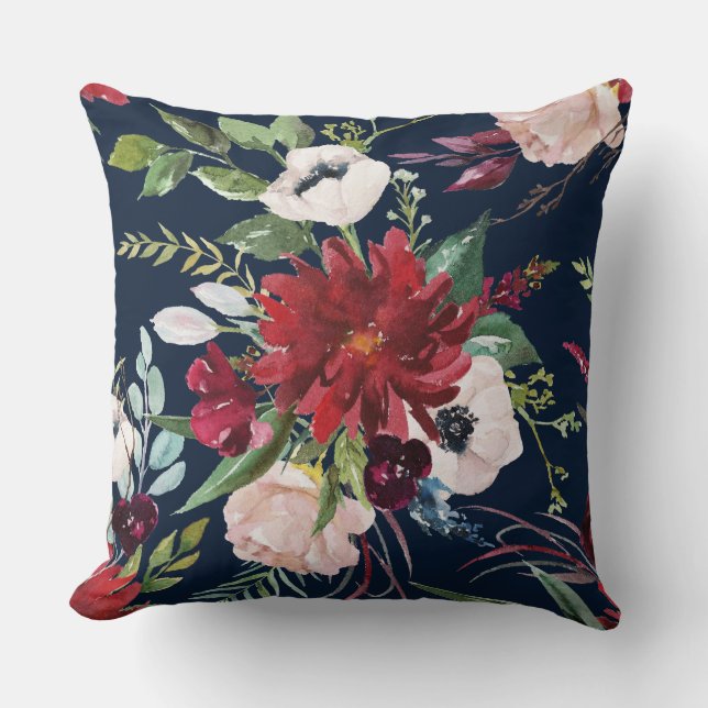 Burgundy and pink flowers pattern throw pillow (Front)