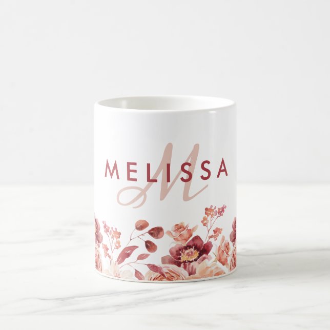 Burgundy and Pink Flowers Watercolor Name Monogram Coffee Mug (Center)