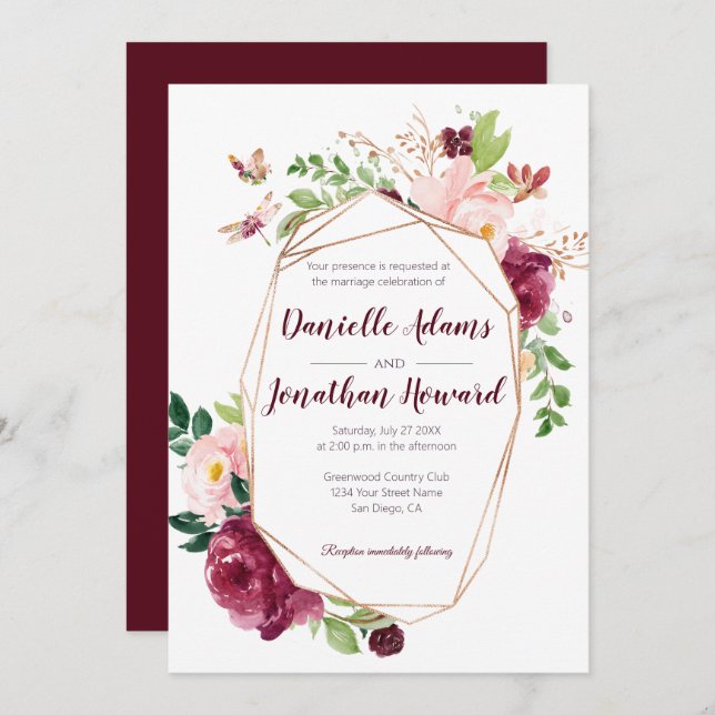 Burgundy and Pink Geometric Watercolor Wedding | Invitation (Front/Back)