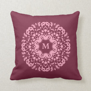 Burgundy and pink Victorian momogram elegant Throw Pillow