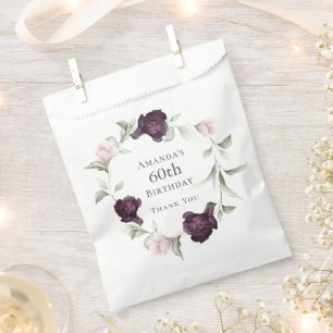Burgundy and Pink Watercolor Floral 60th Birthday Favour Bag